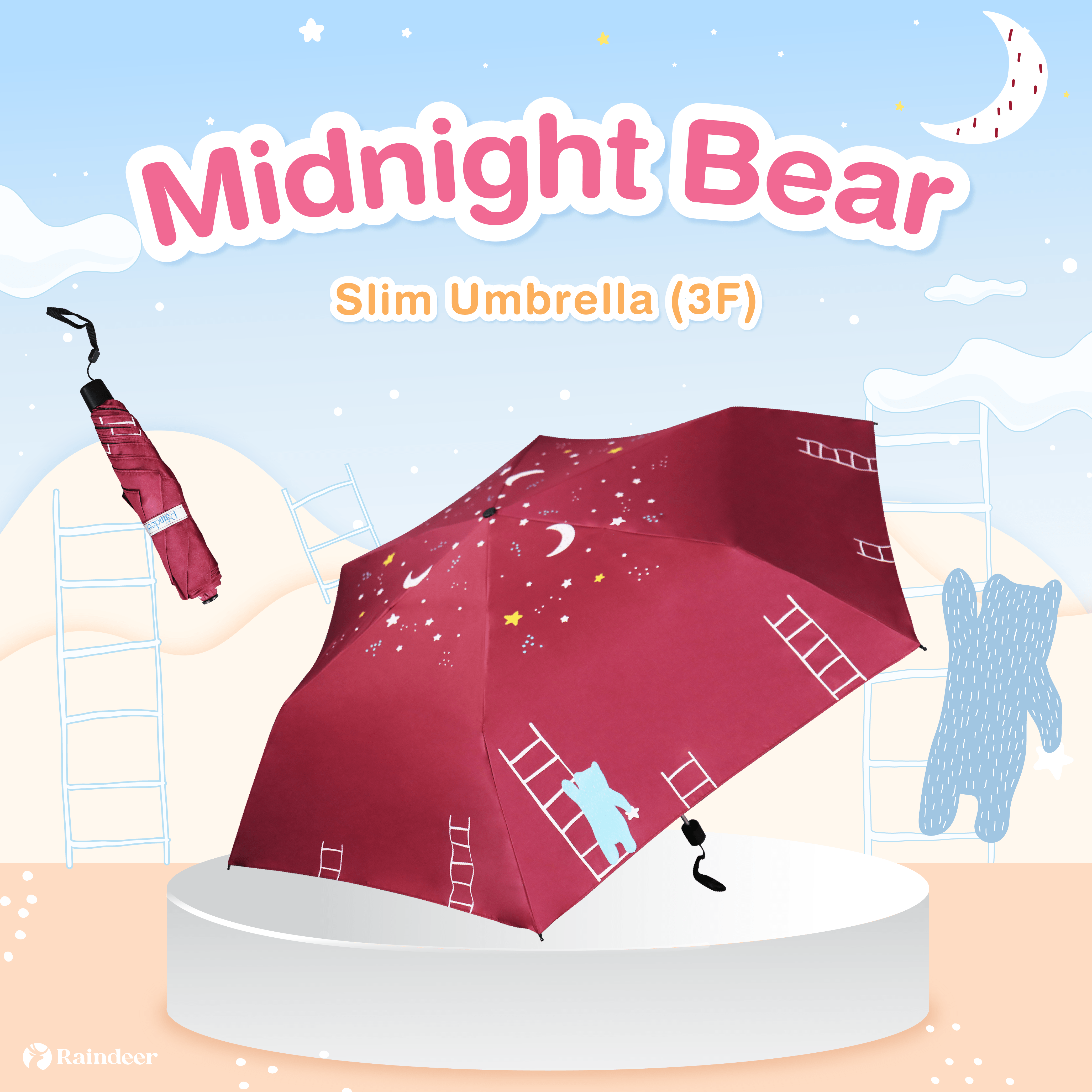 Raindeer ร่มพับ 3 ตอนปากกา กันUV ลาย Midnight Bear กันUV พกพาสะดวก