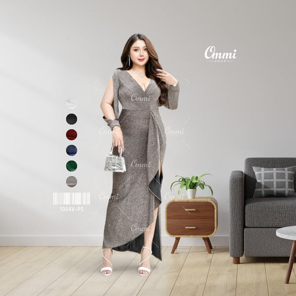Ommishop ชุดราตรี 1004V-PS คอวีแขนยาว เดรสออกงาน ชุดงานแต่ง เพื่อนเจ้าสาว เดรสสาวอวบ Plus Size