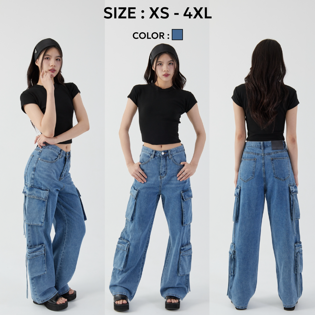 Bemingjeans018(XS-4XL) - Cathy Cargo jeans ยีนส์คาร์โก้ขายาวทรงกระบอกใหญ่ เอวสูง☁️✨