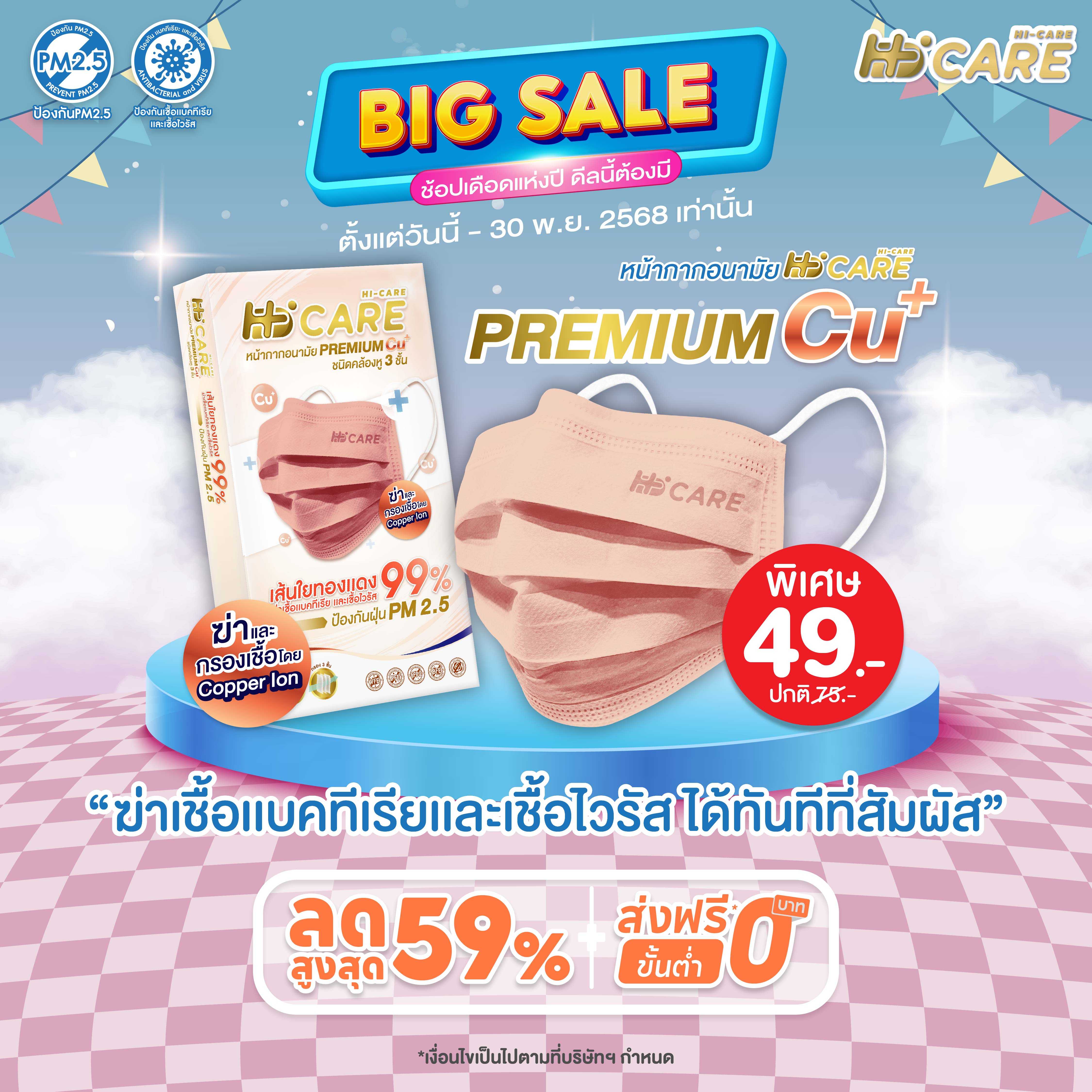 Hi-Care Premium Copper Ion  แผ่นกรอง 3 ชั้น ชนิดคล้องหู  10 ชิ้น