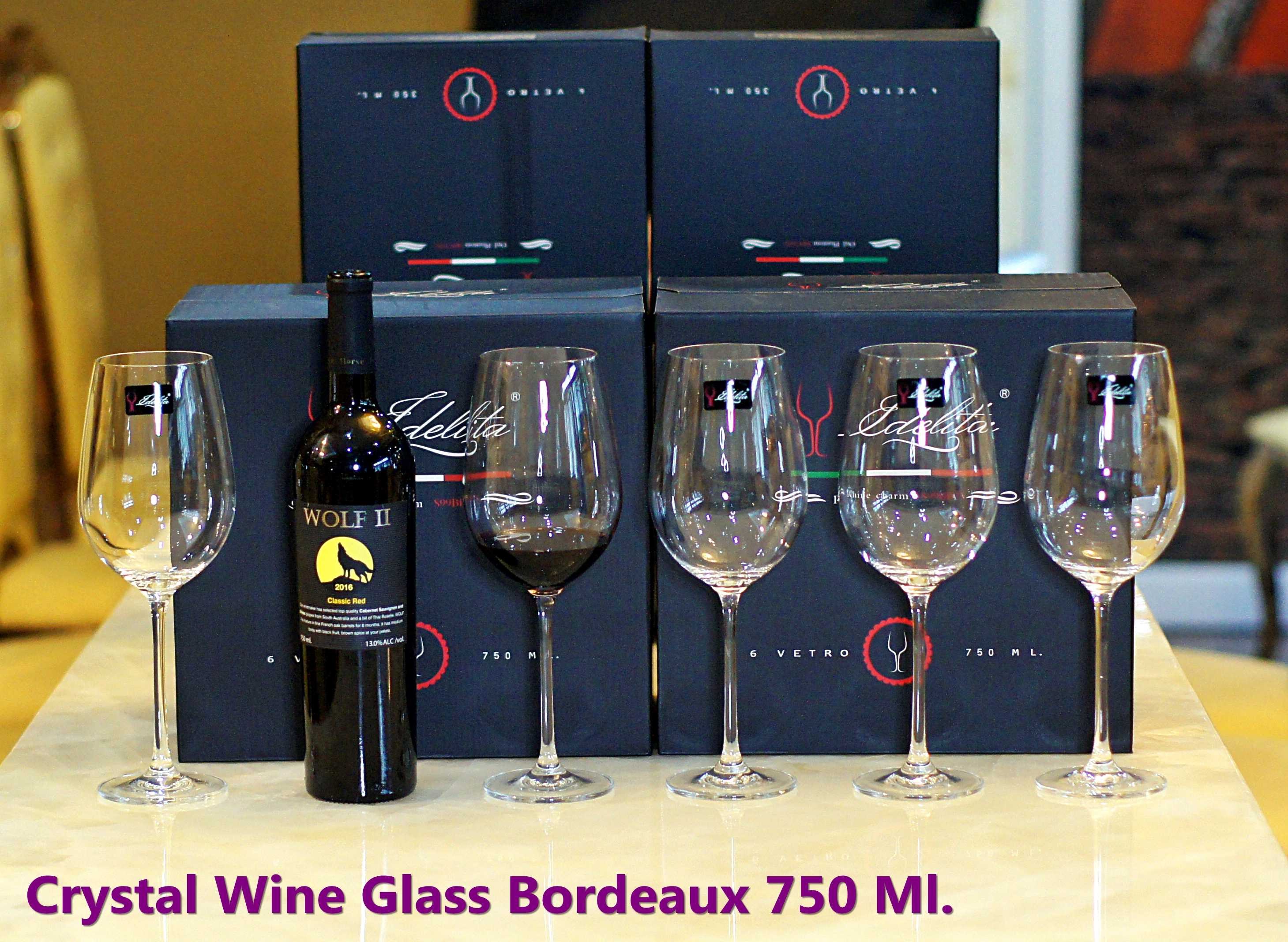 แก้วไวน์คริสตัลหรูหรา ทรง (Bordeaux) ขนาดบรรจุ 750 ml. 1 กล่อง บรรจุ 6 ใบ