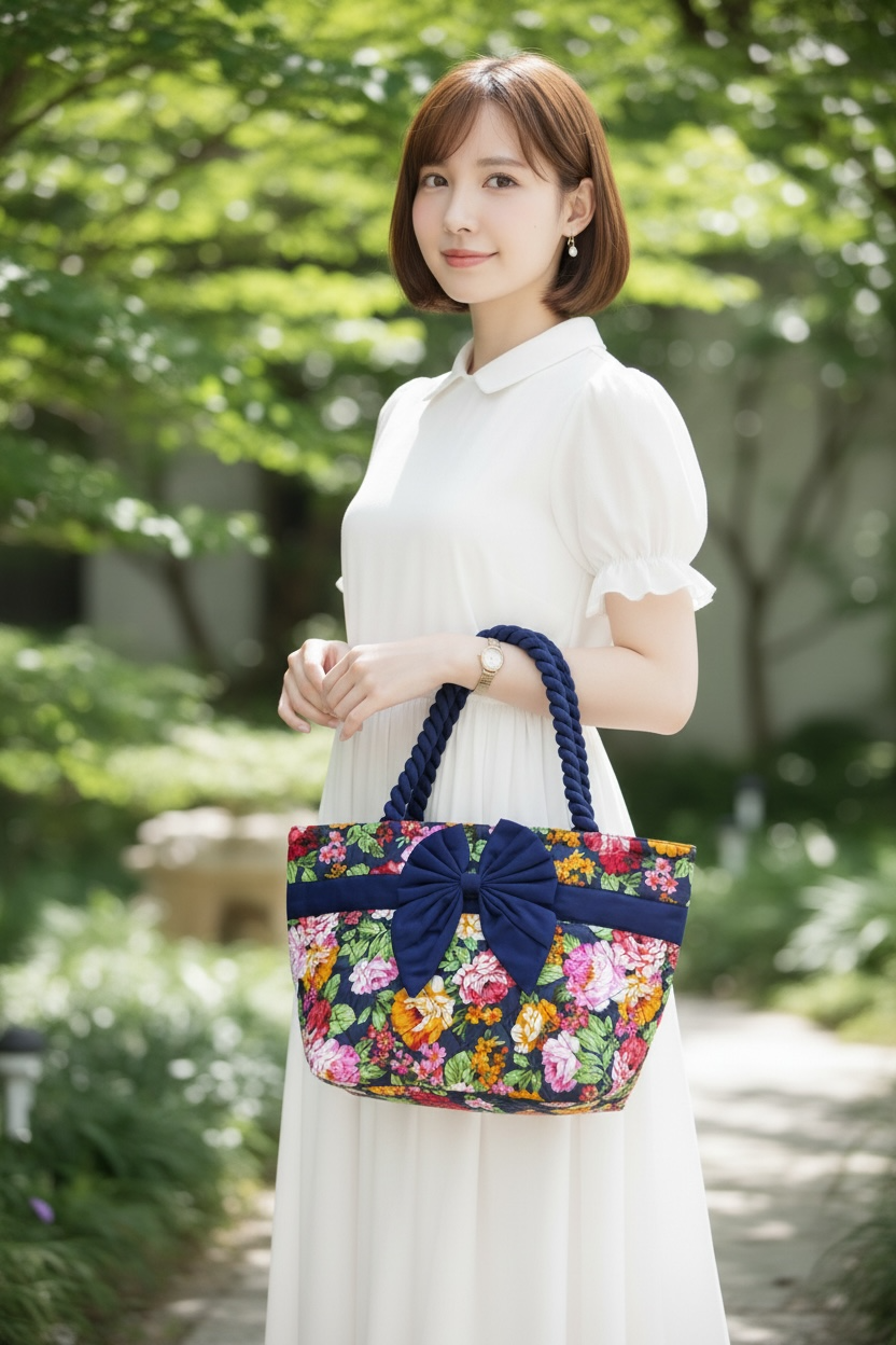 กระเป๋าผ้าคอตตอน ใบกลาง ทรง TOTE แต่งโบว์ สีน้ำเงิน ผ้าลายดอกไม้