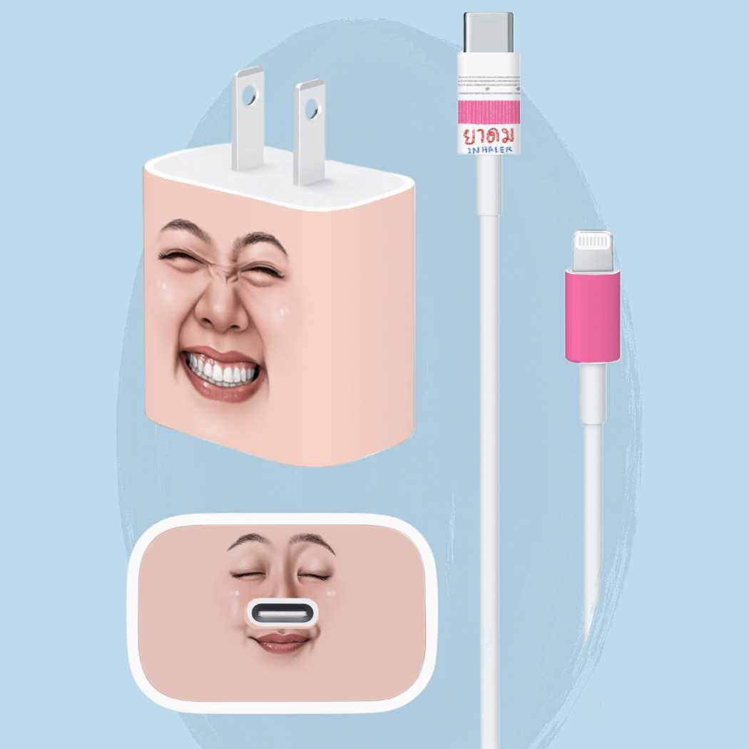 สติ๊กเกอร์ แปะสายชาร์จ :: Charger Sticker ll Funny face with inhaler - Pink
