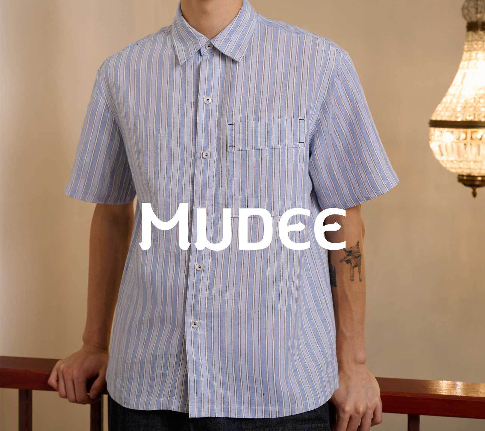 MUDEE เสื้อเชิ้ตผู้ชายลินิน สีฟ้าริ้ว Men's white shirt with thin blue stripes 100% linen.