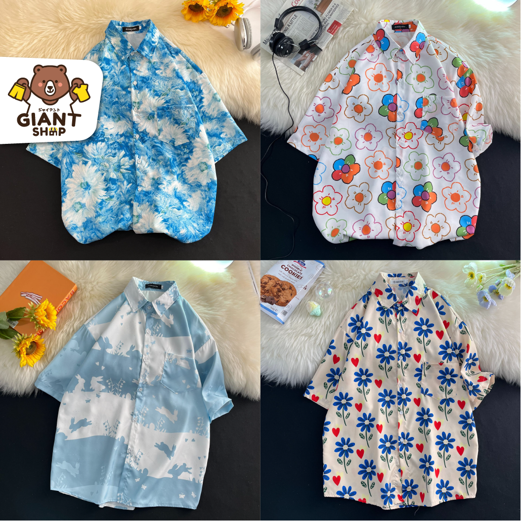 GIANTSHOP เสื้อเชิ้ตลายดอกไม้ แขนสั้น มัดย้อมไปทะเล 4 สไตล์ (A-107)