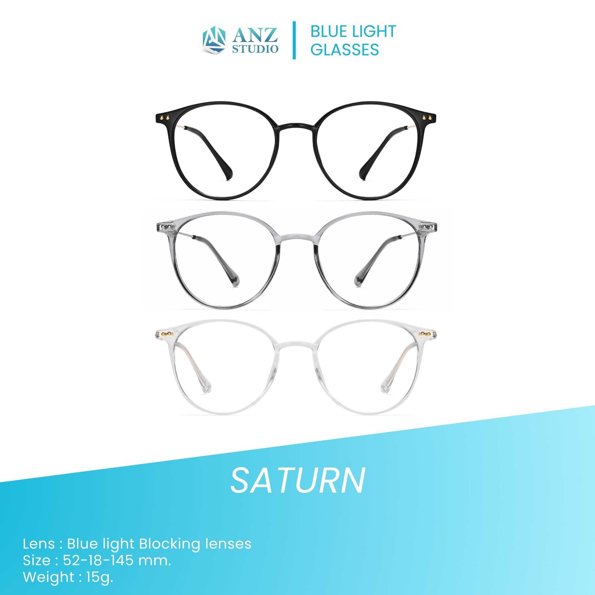 ANZ STUDIO แว่นกรองแสงสีฟ้า เลนส์ถนอมสายตา ทรงกลมหยดน้ำ รุ่น SATURN เลนส์ Blue Block เคลือบมัลติโค้ต