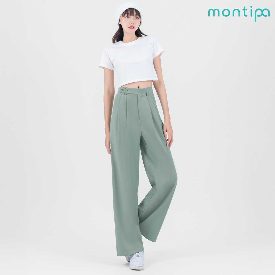 Montipa กางเกงทรงกระบอกใหญ่ ซิปหน้า แต่งขอบเอวยื่น ปักโลโก้ตัว m ผ้า Comfort 45PWL57