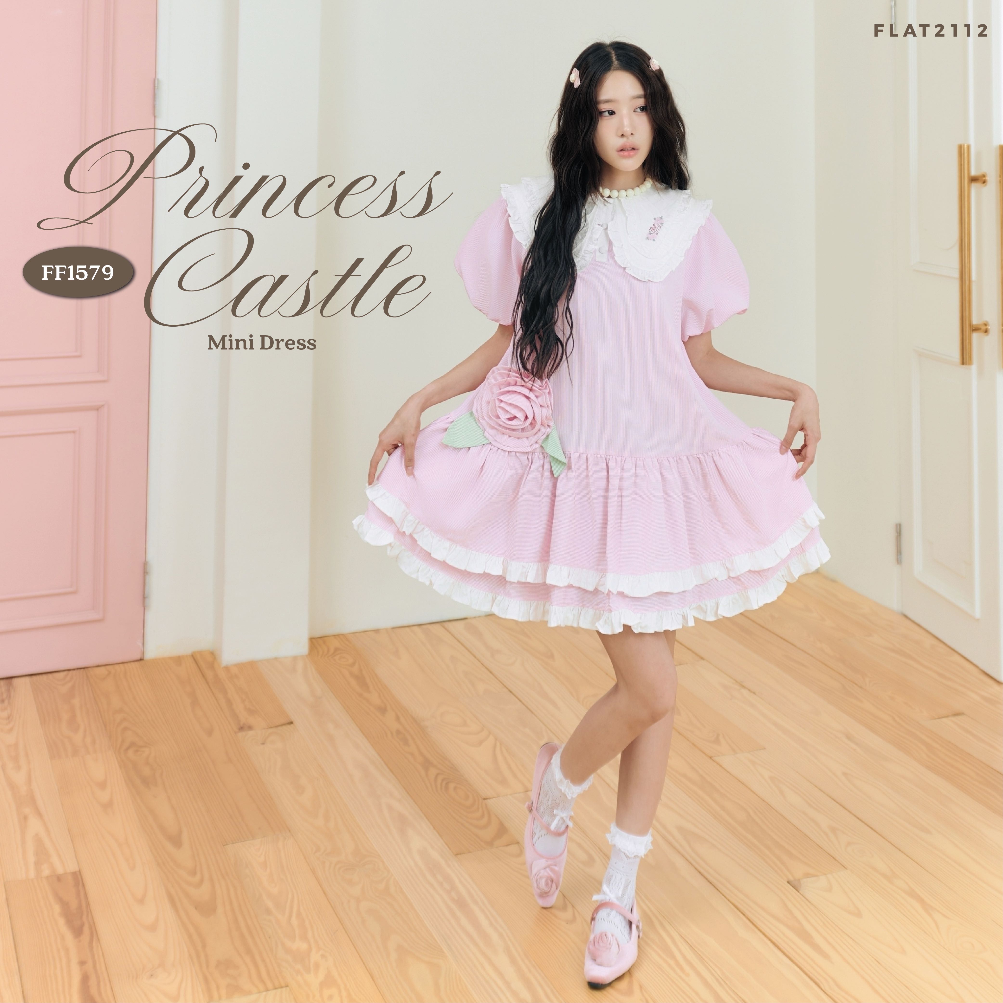 FLAT2112 : PRINCESS CASTLE MINI DRESS  เดรสสั้นสีชมพูพาสเทล เดรสแต่งดอกกุหลาบ (FF1579)