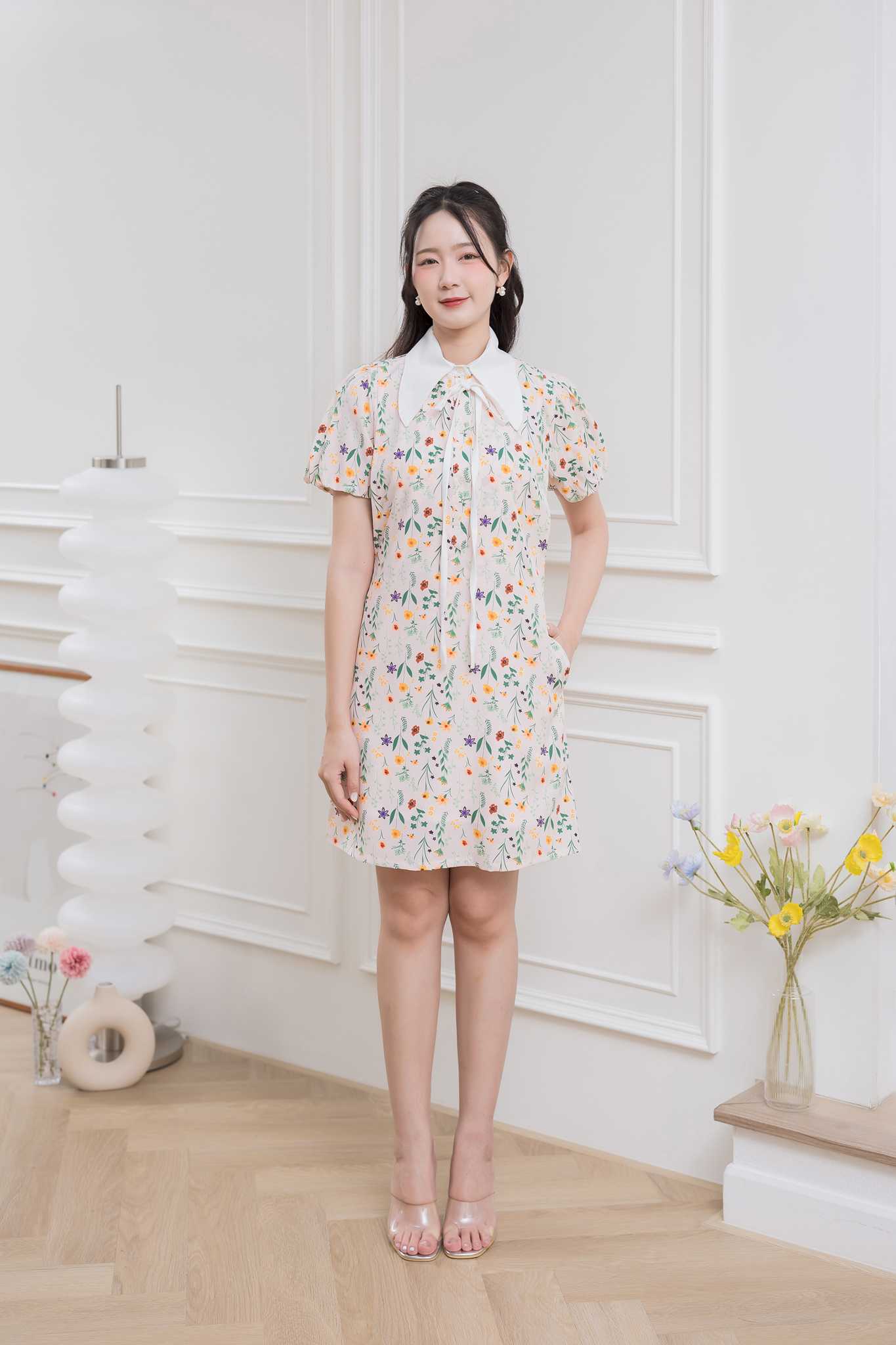 ชุดให้นม Pink flora bow shirt dress