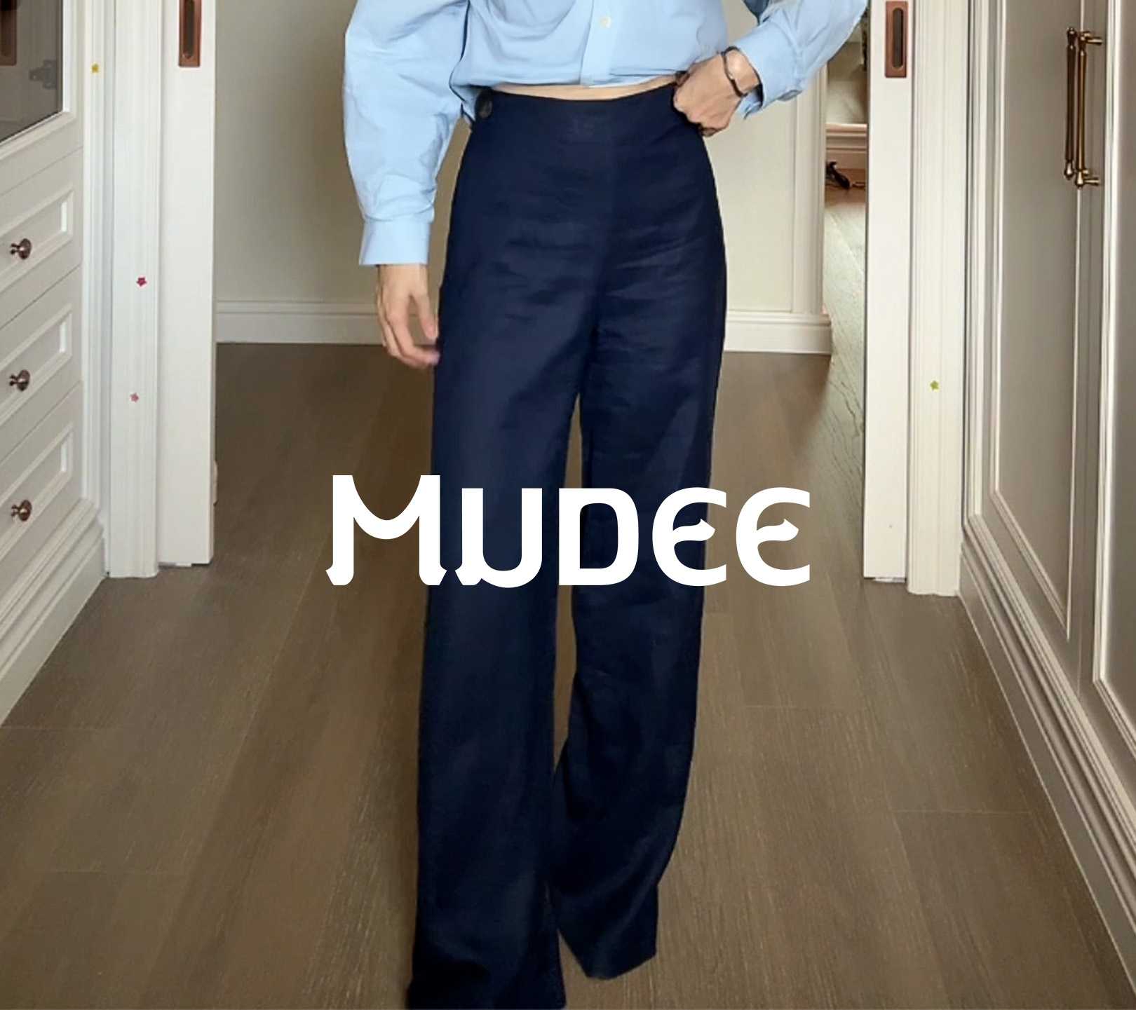 กางเกงขายาวเอวยางยืดด้านหลัง ผ้าลินิน 100%  สีกรม Navy Stretched Back Wide-Leg Long Pants
