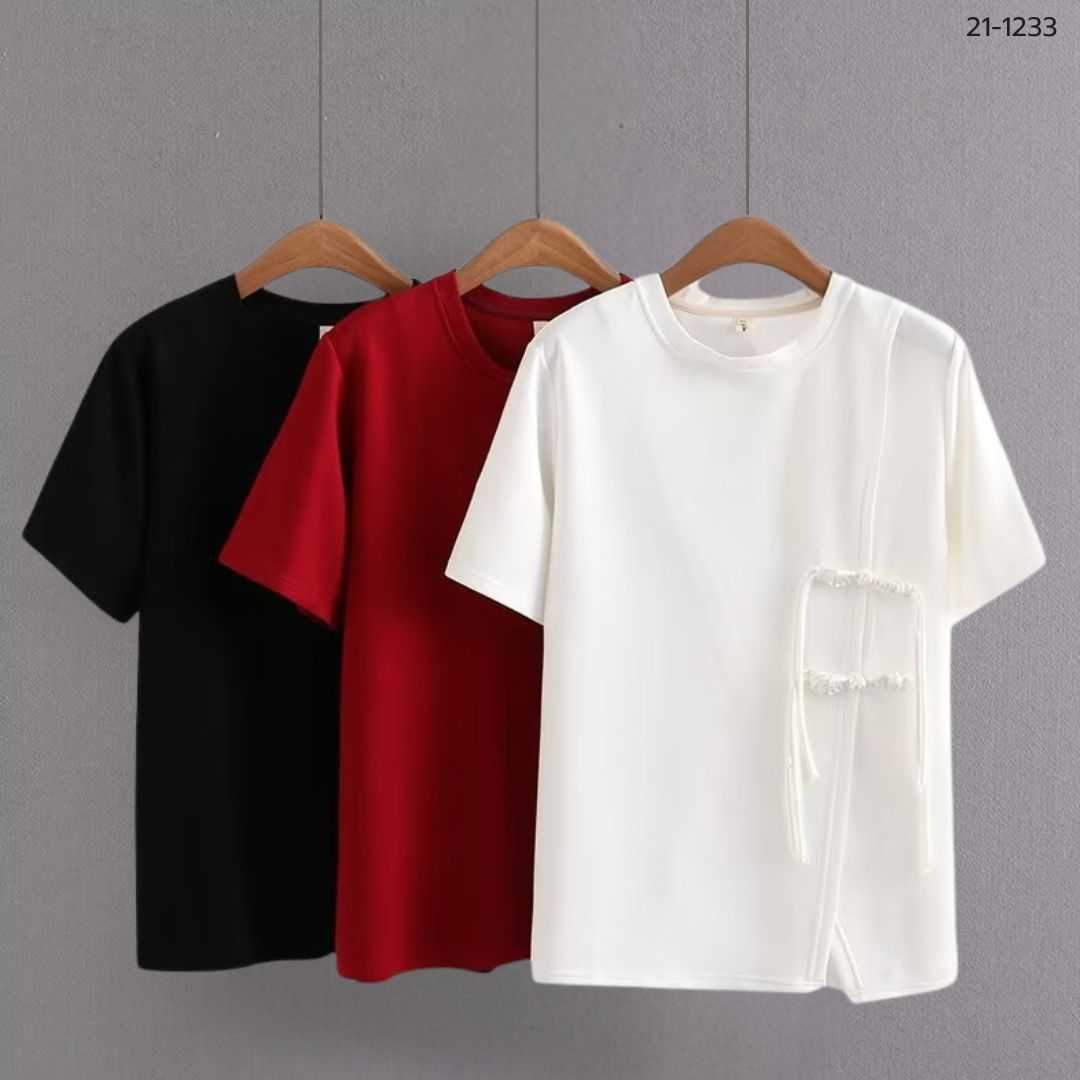 21-1233 เสื้อยืดคอกลม แต่งกระดุมจีน