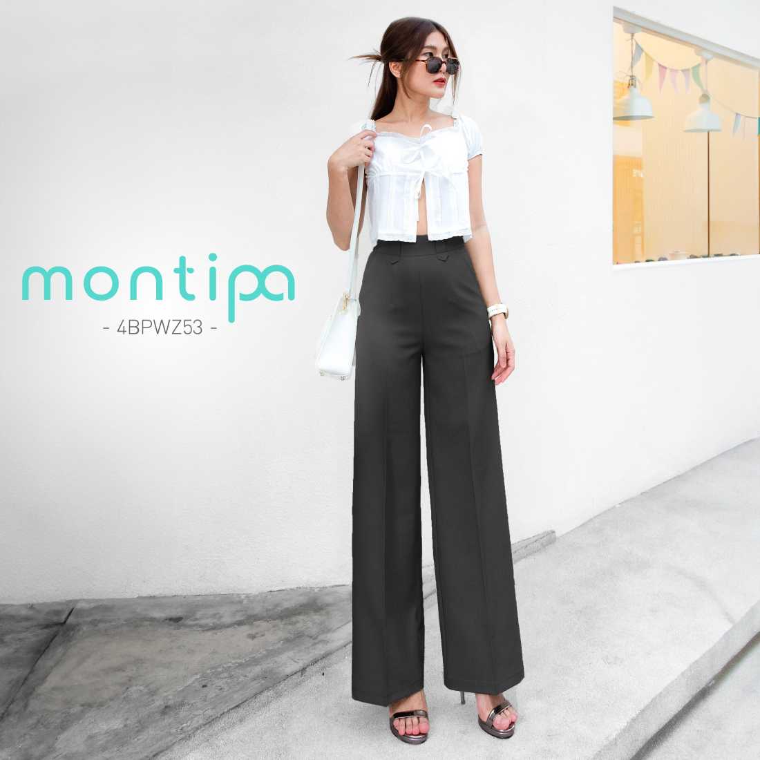 Montipa กางเกงทรงกระบอก ซิปข้าง ดีไซน์หูเข็มขัด ผ้า Comfort 4BPWZ53