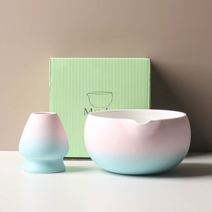 🍵𝑪𝒉𝒂𝒘𝒂𝒏 : PASTEL 🩵🤍🩷 เซตชามชงมัทฉะ & แท่นวางแปรง  สีพาสเทล
