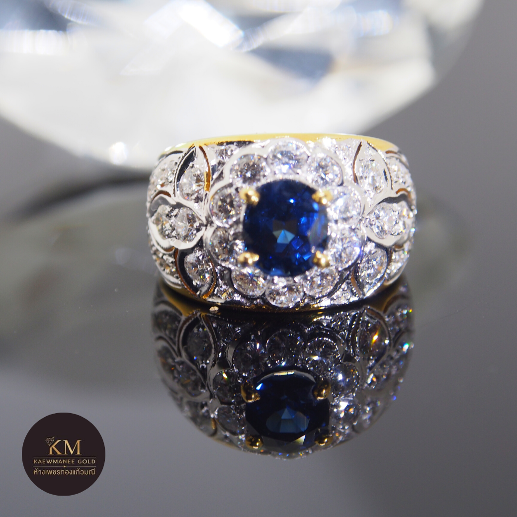 แหวนเพชร Diamond Round Blue Sapphire Pave Ring (90% Gold)