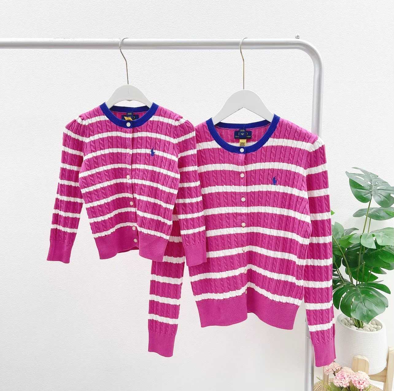 Ralph Lauren Striped Mini Cable Cotton Cardigan (Pink Multi)