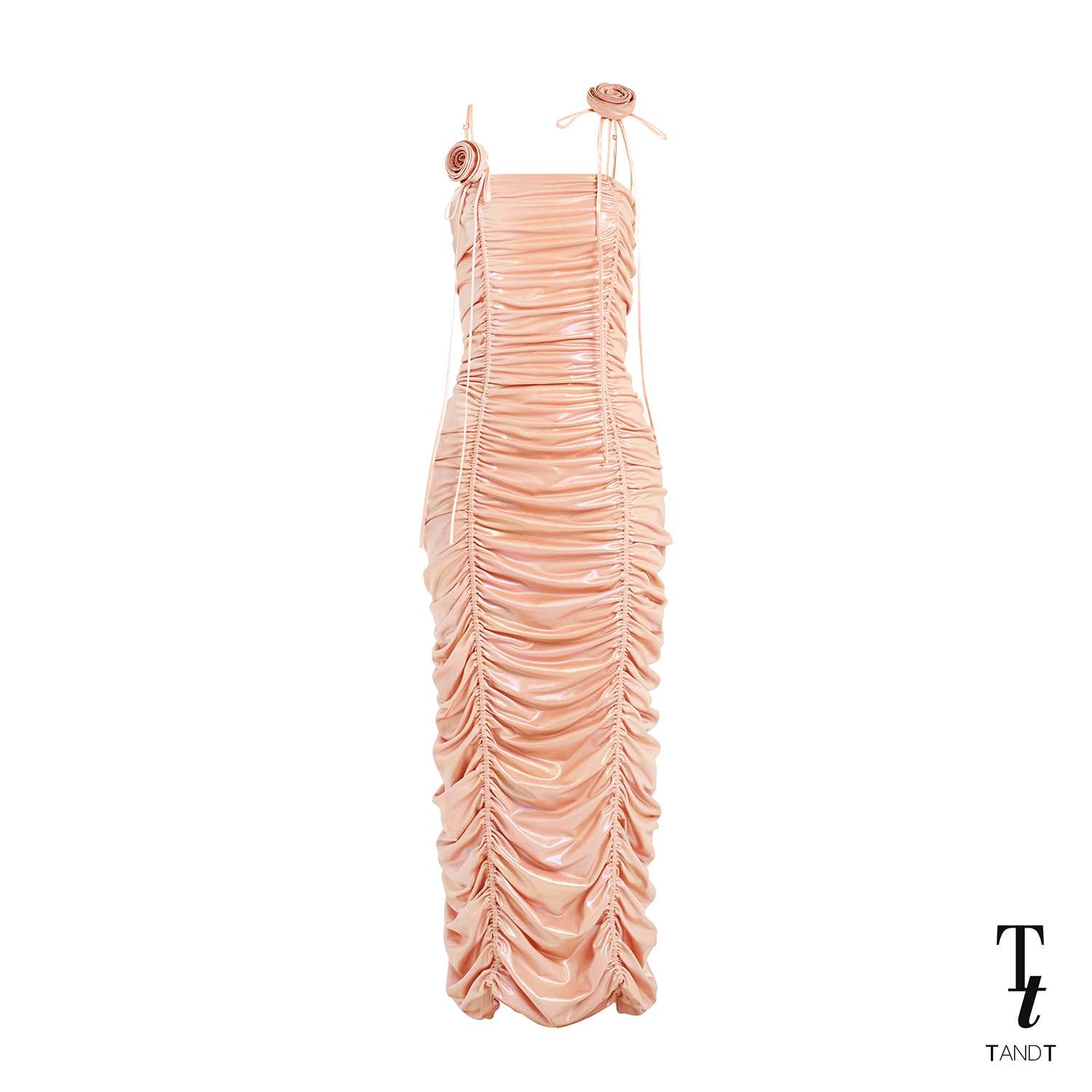 TandT - REGGIE DRESS - ROSES HAND-CRAFTED STRAPS RUCHED MIDI DRESS