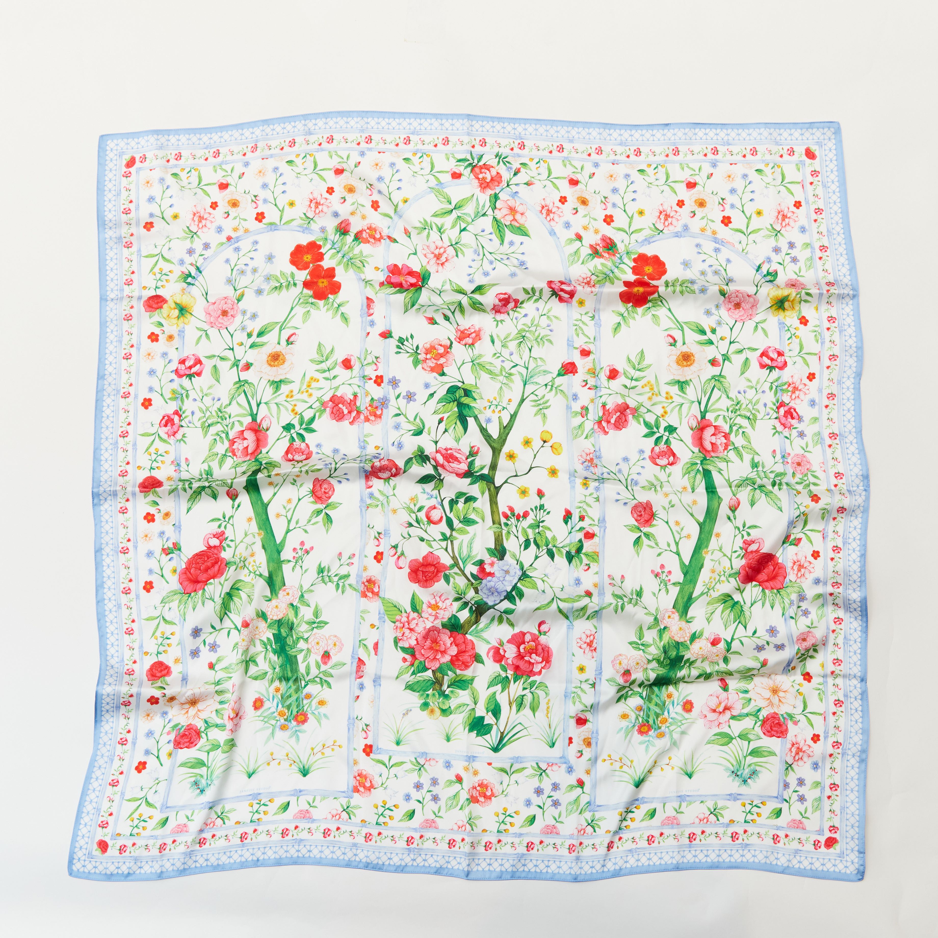 Satin square scarf 90x90 cm. Rose of June - white