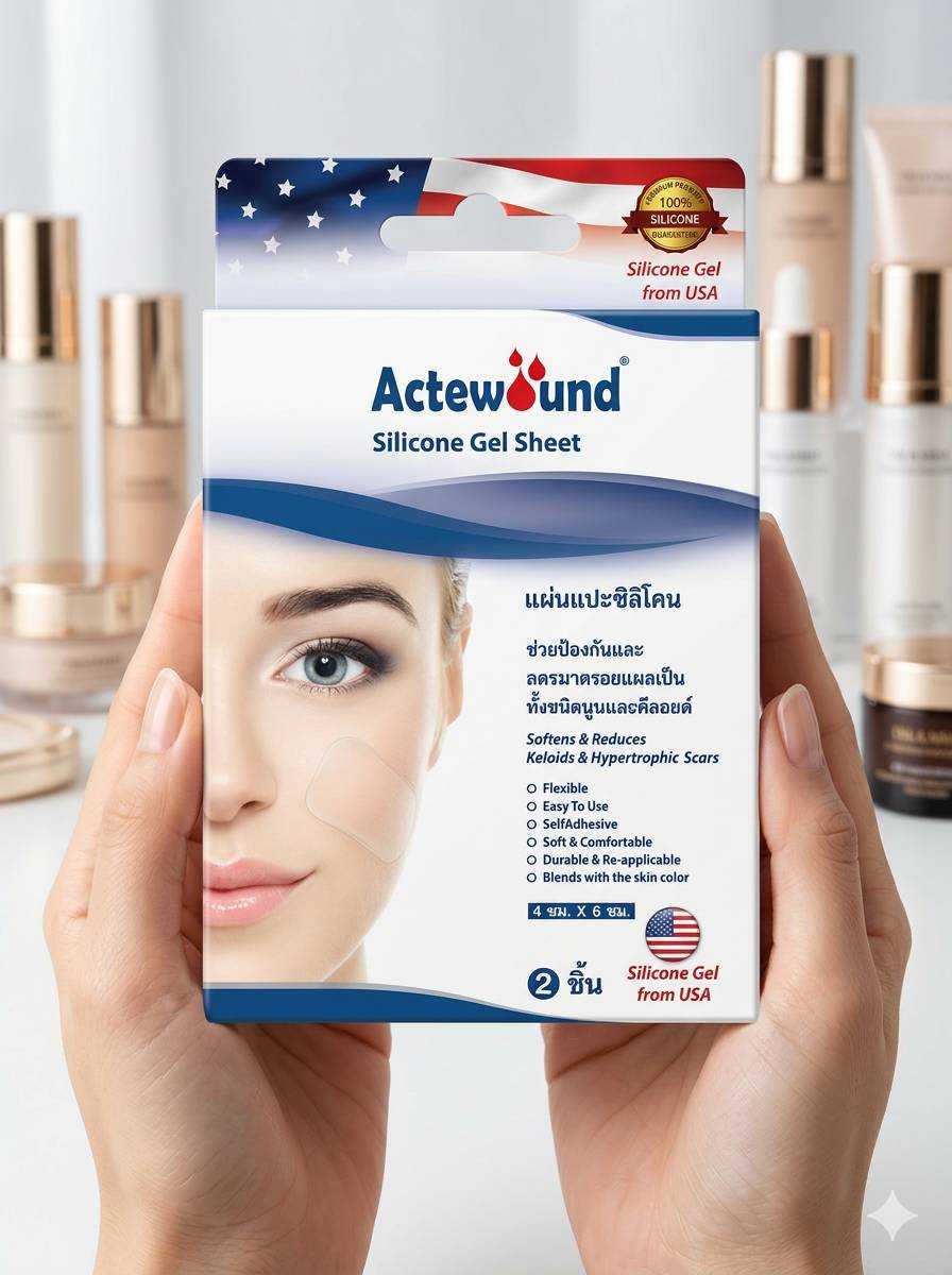 Actewound Silicone Gel Sheet  แอ็คติวูนแผ่นแปะซิลิโคน แผ่นเล็ก กล่องละ 2 ชิ้น