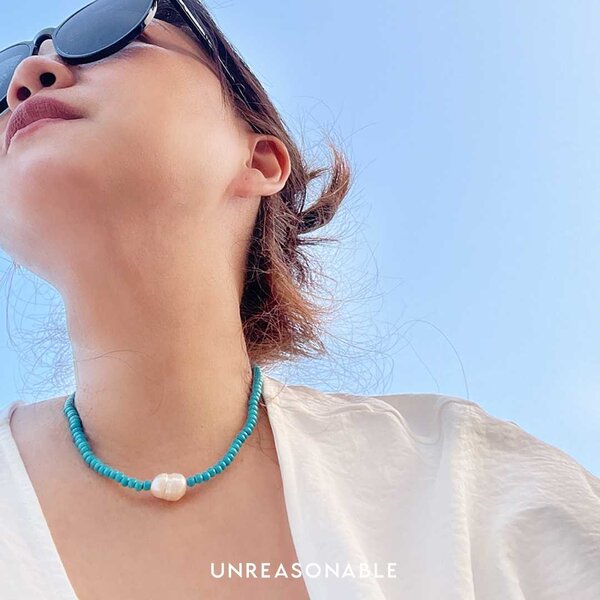 สร้อยลูกปัด มุกน้ำจืด ฟ้า UA0866-01 Unreasonable Accessories