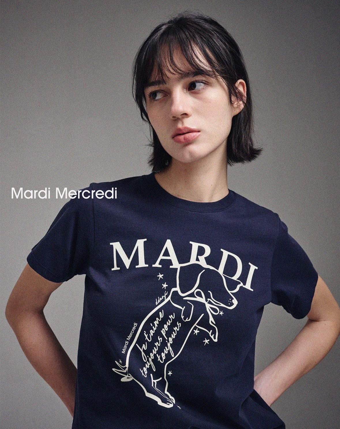 (พร้อมส่ง) Mardi mercredi slim tshirt swing the tail ddanji navy ivory