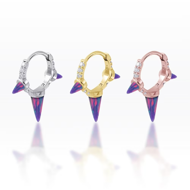 PiercingRoomByJay Triple Spike Purple Opal/CZ Huggie Hoop เงินแท้ (ราคาต่อชิ้น)