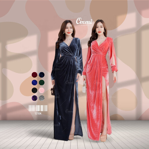 Ommishop ชุดราตรี 1210K คอวี แขนยาว แต่งผ่าแขน เดรสออกงาน ชุดงานแต่ง เพื่อนเจ้าสาว