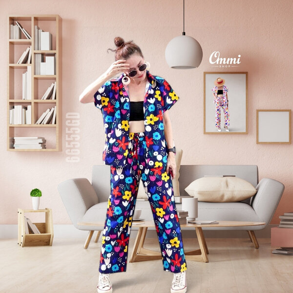 Ommishop 66555GD ชุดเซ็ท เสื้อแขนสั้นคอปก และกางเกงขายาว ลายดอกวาด Cotton Japan 100% (Bonus)[66555]