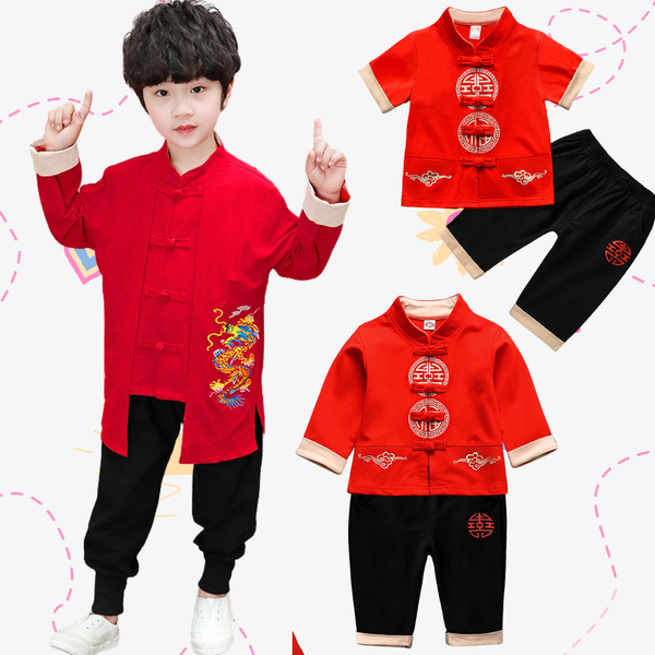 ชุดจีน เสื้อคอจีนแขนยาวลายมังกร+กางเกง สีแดง