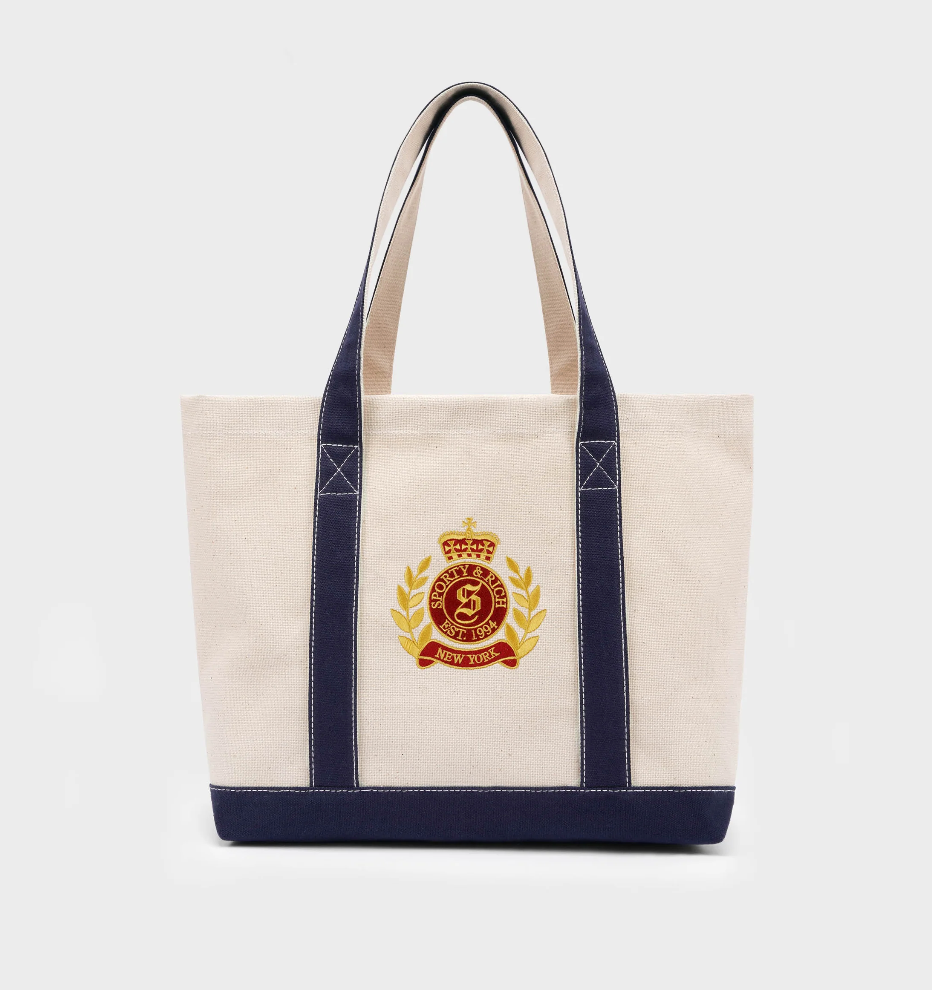 พร้อมส่ง Sporty and Rich tote bag สีขาวครีม น้ำเงิน รุ่น NY Crest Tote Bag - Natural/Navy/Gold
