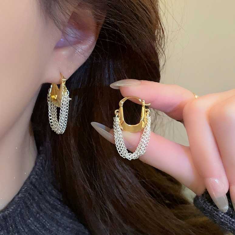 [พร้อมส่ง] ⛓️💛 ต่างหูห่วงสีทองประดับโซ่เงิน สวย ไม่ซ้ำใคร | QE043