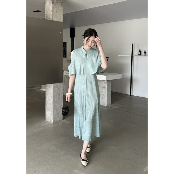 2MUAY รุ่น GJO1071 เดรสพลีทคุณภาพSLEEVELESS BUTTON FRONT LAYER PLEATED DRESS 12 สี FREE SIZE