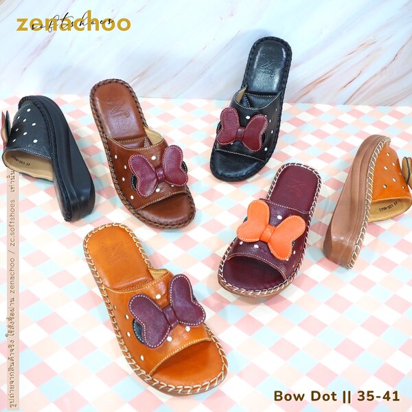 ทรงปกติ:เปลี่ยนไซส์ได้-ไม่รับคืน Zenachoo รุ่น Bow Dot สูง 1.5 นิ้ว รองเท้าสุขภาพ หนังแท้ 100% นิ...