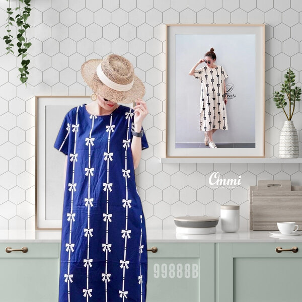 Ommishop 99888B ชุดเดรสแฟชั่น คอกลม แต่งผ่าข้าง ลายโบว์ Cotton Japan 100% (Bonus)[99888]