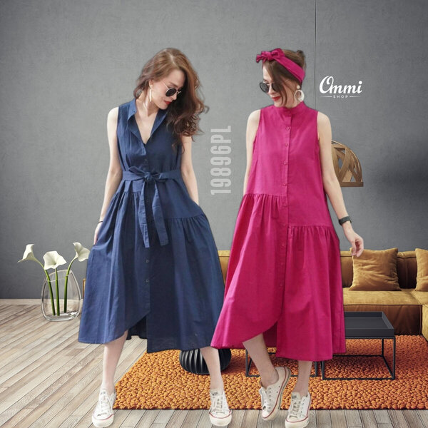 Ommishop 19896PL ชุดเดรสแฟชั่น ผ้าลินิน กระดุมผ่าหน้าคอจีน (PUP)[19896]