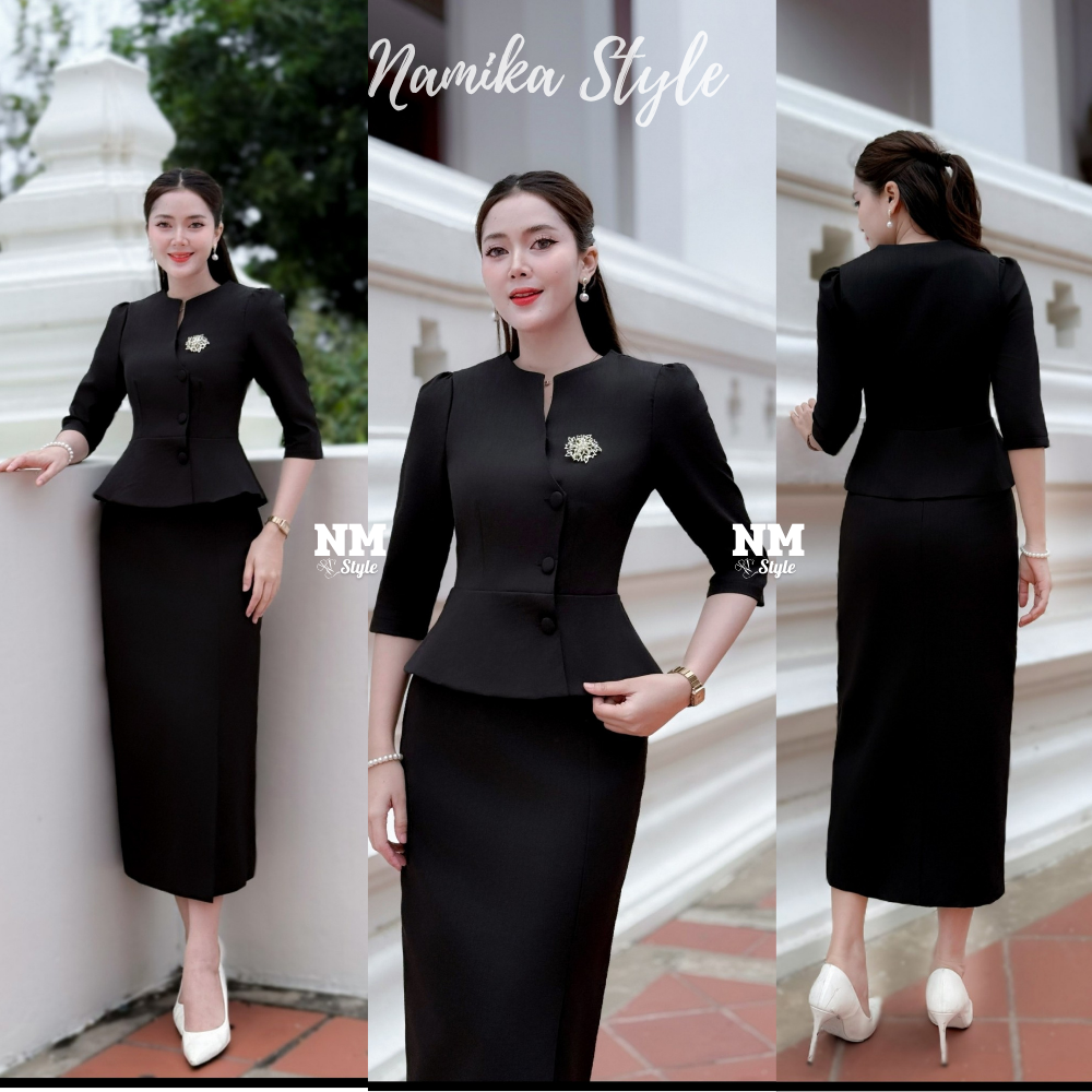 ชุดเซ็ต ผ้าไหมยกลาย เสื้อเข้ารูป แขนสามส่วน + กระโปรงยาว ทรงสุภาพ ใส่ไปวัด ใส่ทำงาน หรือออกงานมงคล