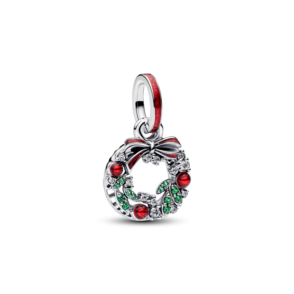 Christmas wreath sterling silver double dangle with clear cubic zirconia