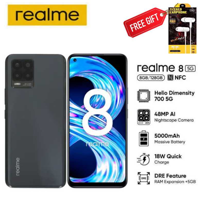 สมาร์ทโฟน Realme 8 5G, Ram8/128 GB,แบต5000Watt,ฟรี.! ลำโพงบลูทูธ และ Power bank ประกันศูนย์realme