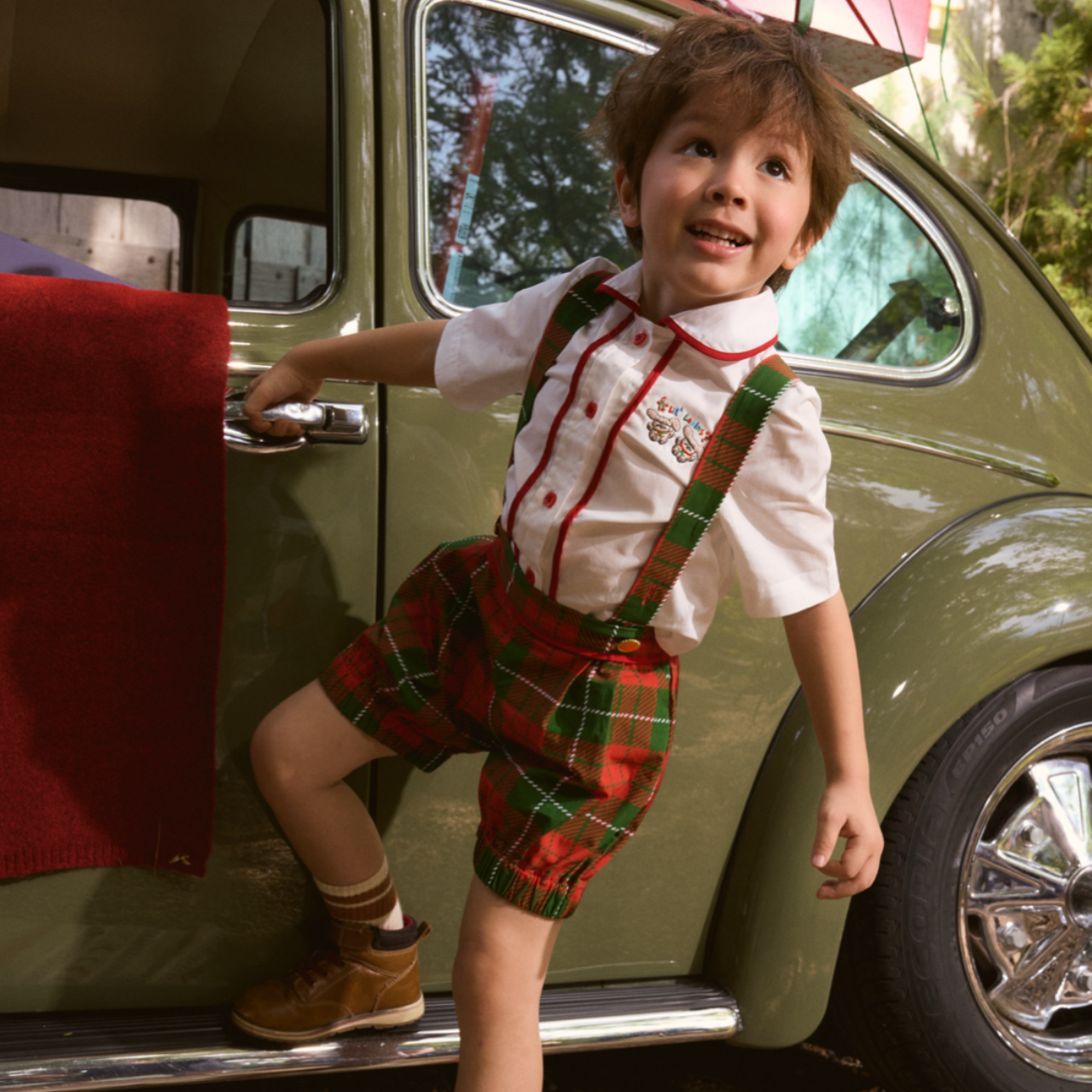 Holiday Hues Tartan Set (เซท เสื้อเชิ้ต และกางเกงลายสก็อตมีสายเอี๊ยม 100% Premium Cotton