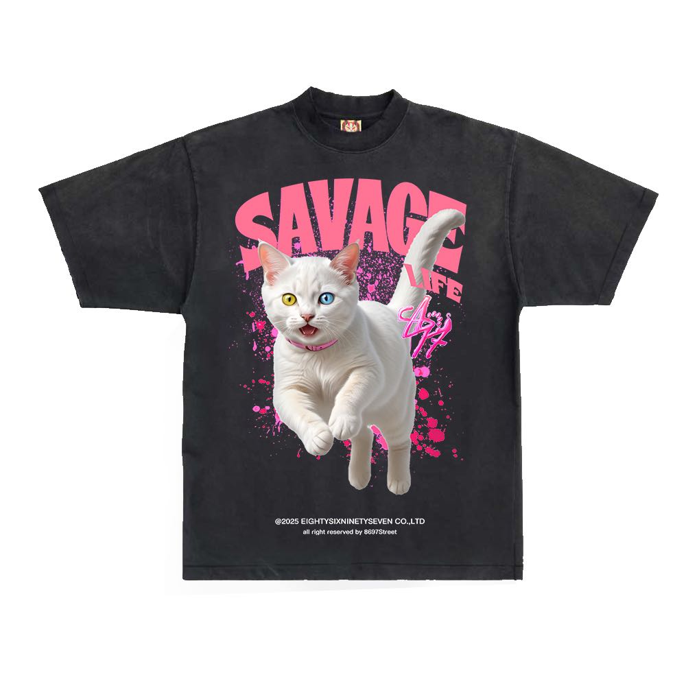 8697Street Female Cat เสื้อยืดโอเวอร์โซส์ รุ่น SAVAGE โลโก้ชมพู ผ้าสีเฟด