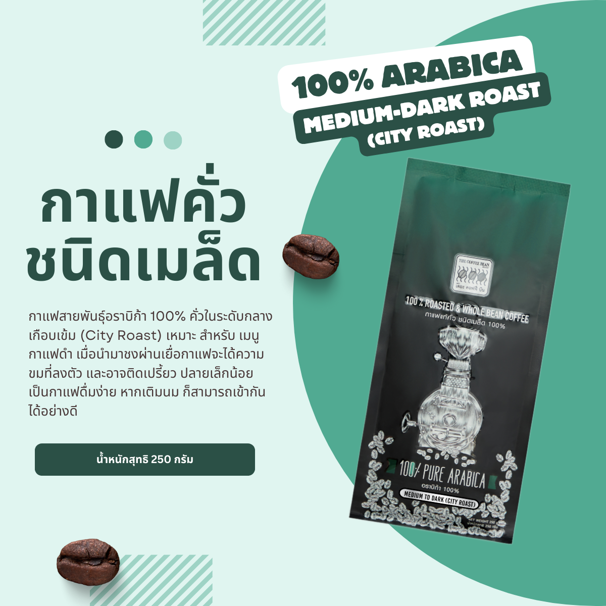 เมล็ดกาแฟ อราบิก้า 100% คั่วกลางเกือบเข้ม 250 กรัม