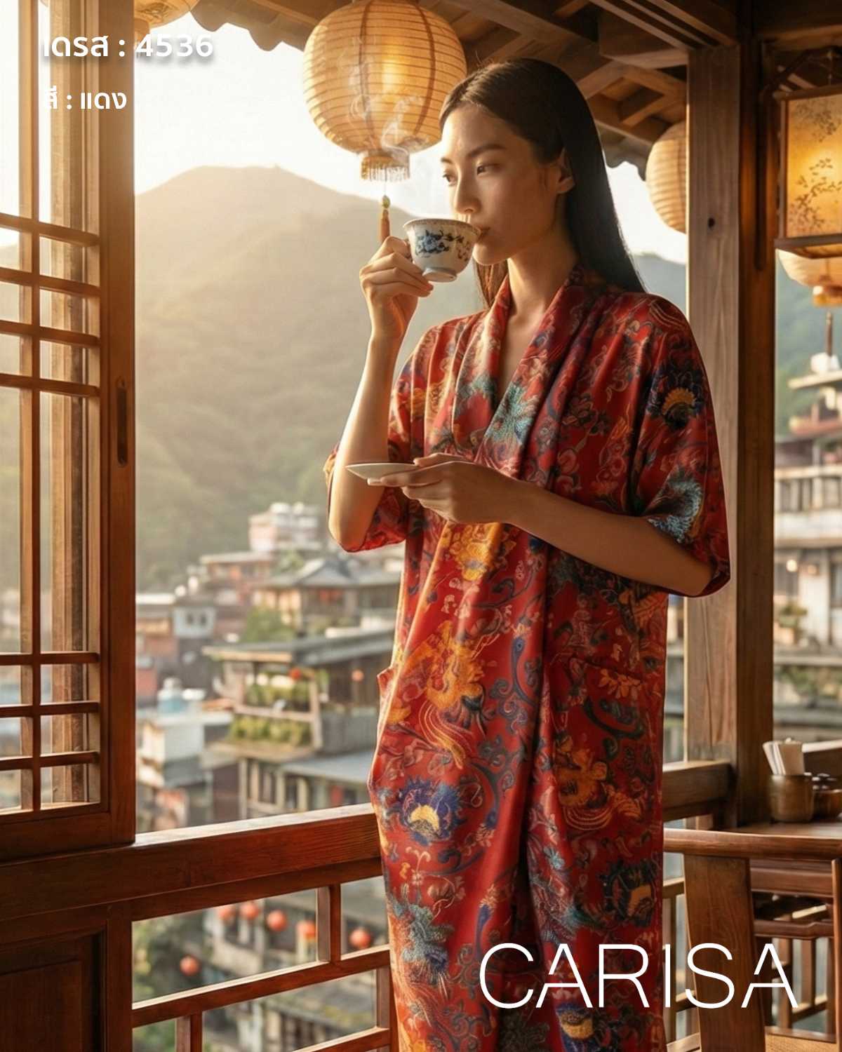 4536 เดรสผ้าพิมพ์ลาย เนื้อผ้าไหมสังเคราะห์เนื้อนิ่ม นำมาออกแบบให้เป็นเดรสที่ทันสมัย เนื้อผ้านิ่ม