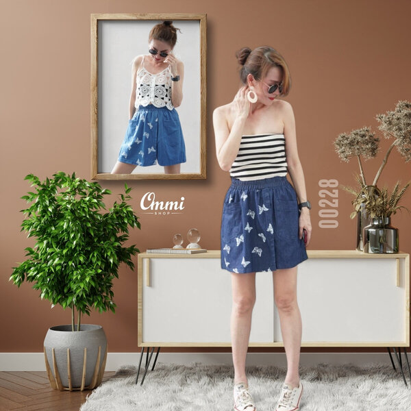 Ommishop 00228 กางเกงแฟชั่น ขาสั้นทรงกระโปรง ผ้ายีนส์แต่งลาย (PUP)