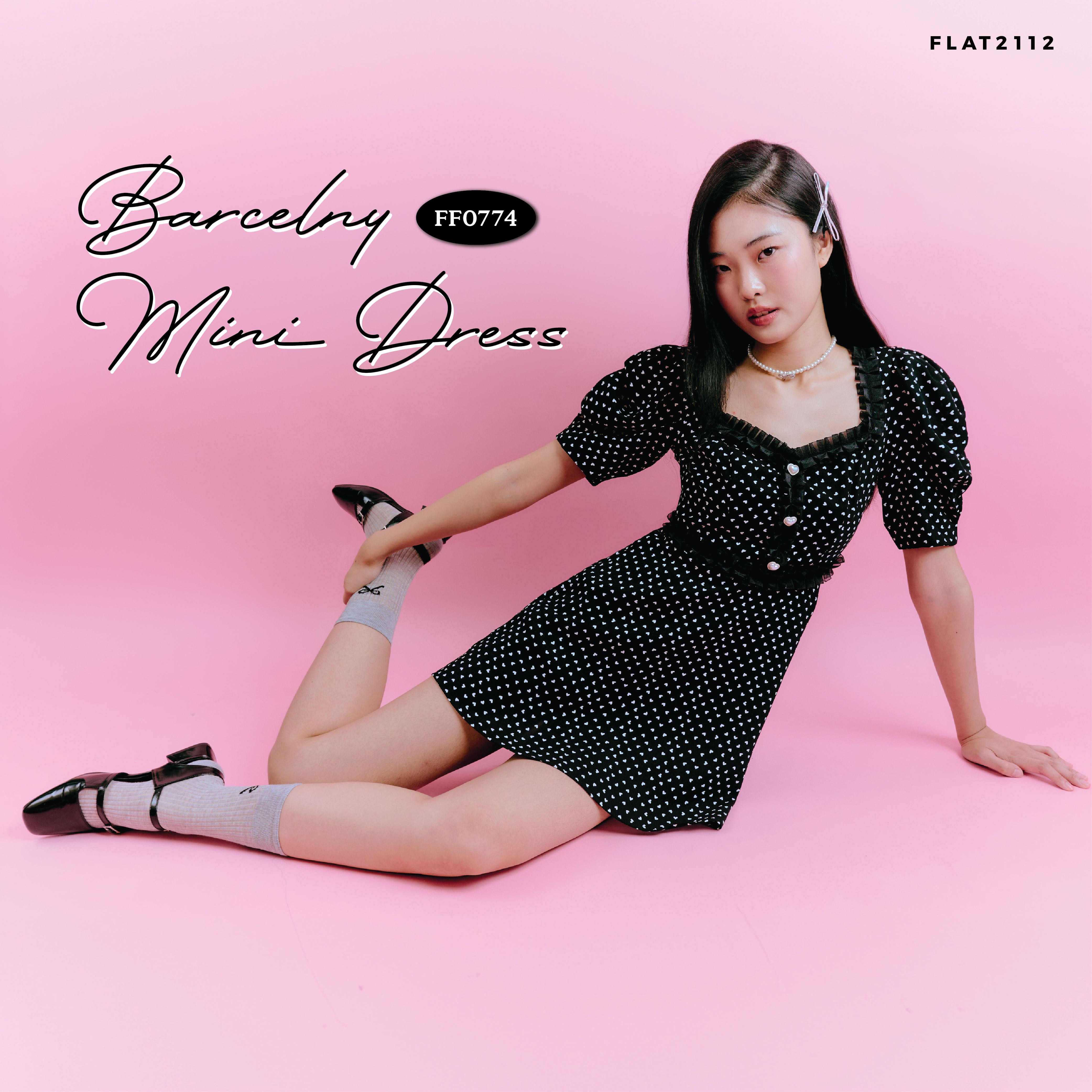FLAT2112 FF0774 : BARCELNY MINI DRESS มินิเดรสสีดำ ลายหัวใจ