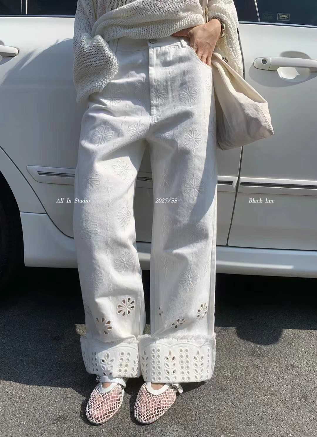 ( SALE ) ALL IN WHITE EMBROIDERED WIDE LEG PANTS