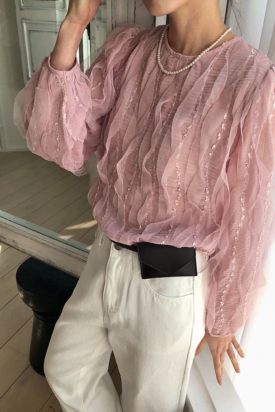 From Beginning[KOREA MADE] Angel Frill Lace Blouse (3 colors)(Pre-order 15 วัน) เสื้อลูกไม้ซีทรูริ้ว