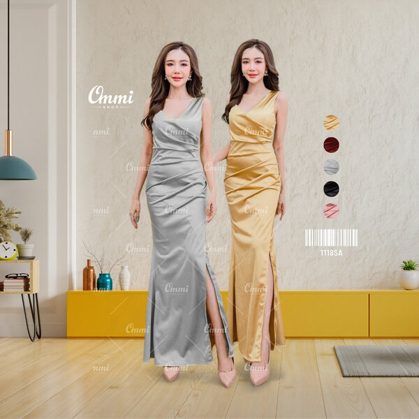 Ommishop ชุดราตรี 1118SA สายเดี่ยว วีจิก ผ้าซาตินเงา เดรสออกงาน ชุดงานแต่ง เพื่อนเจ้าสาว