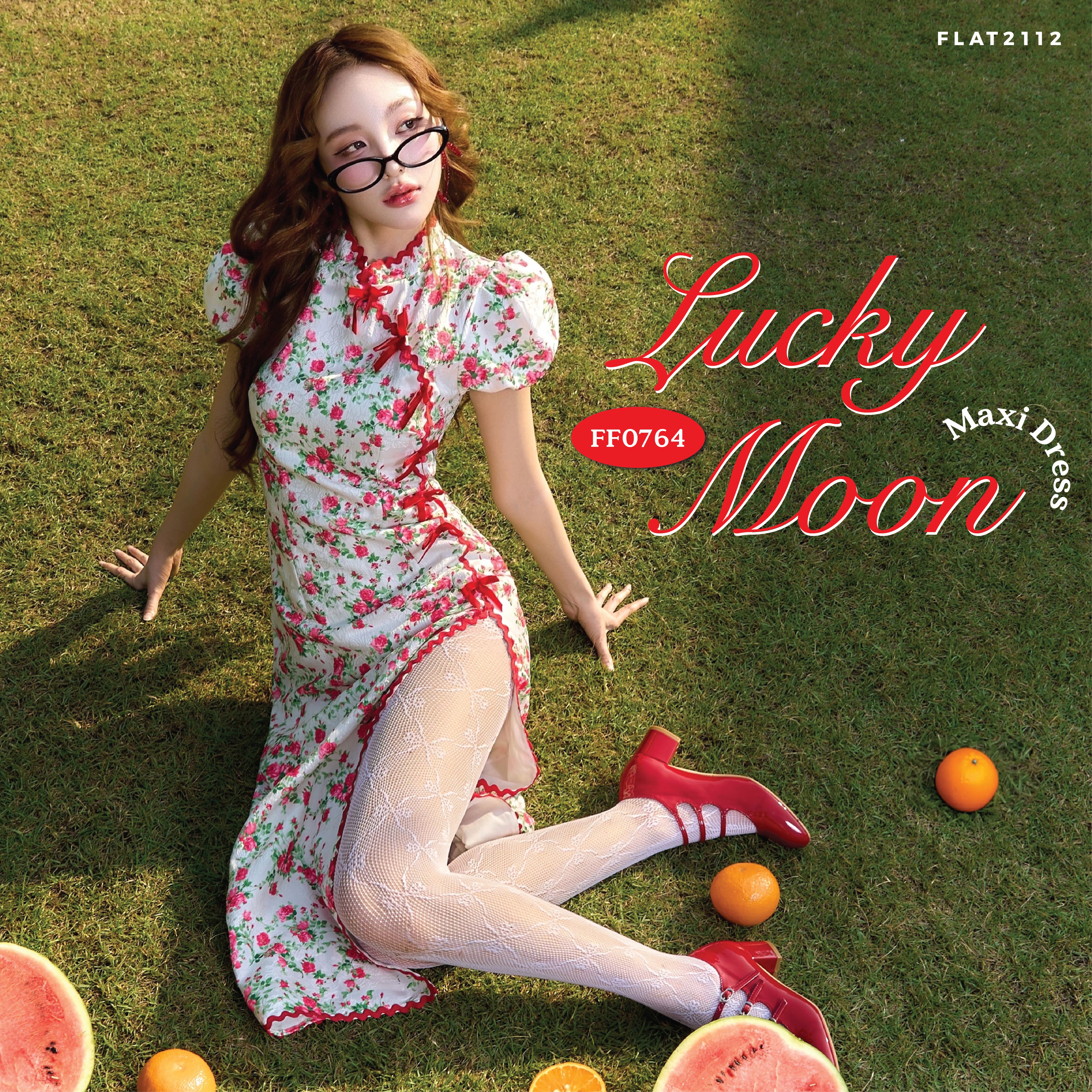 FLAT2112 FF0764 : LUCKY MOON MAXI DRESS กี่เพ้ายาว ผ่าข้าง แขนตุ๊กตา ชุดจีน