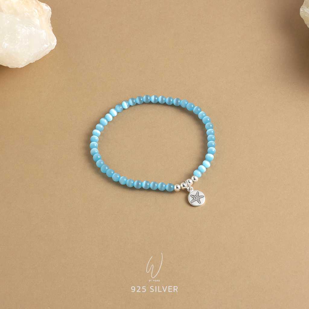 สร้อยข้อมือ Cat's Eye ประดับชาร์มปลาดาวเงินแท้ SB02 กำไลสีฟ้า