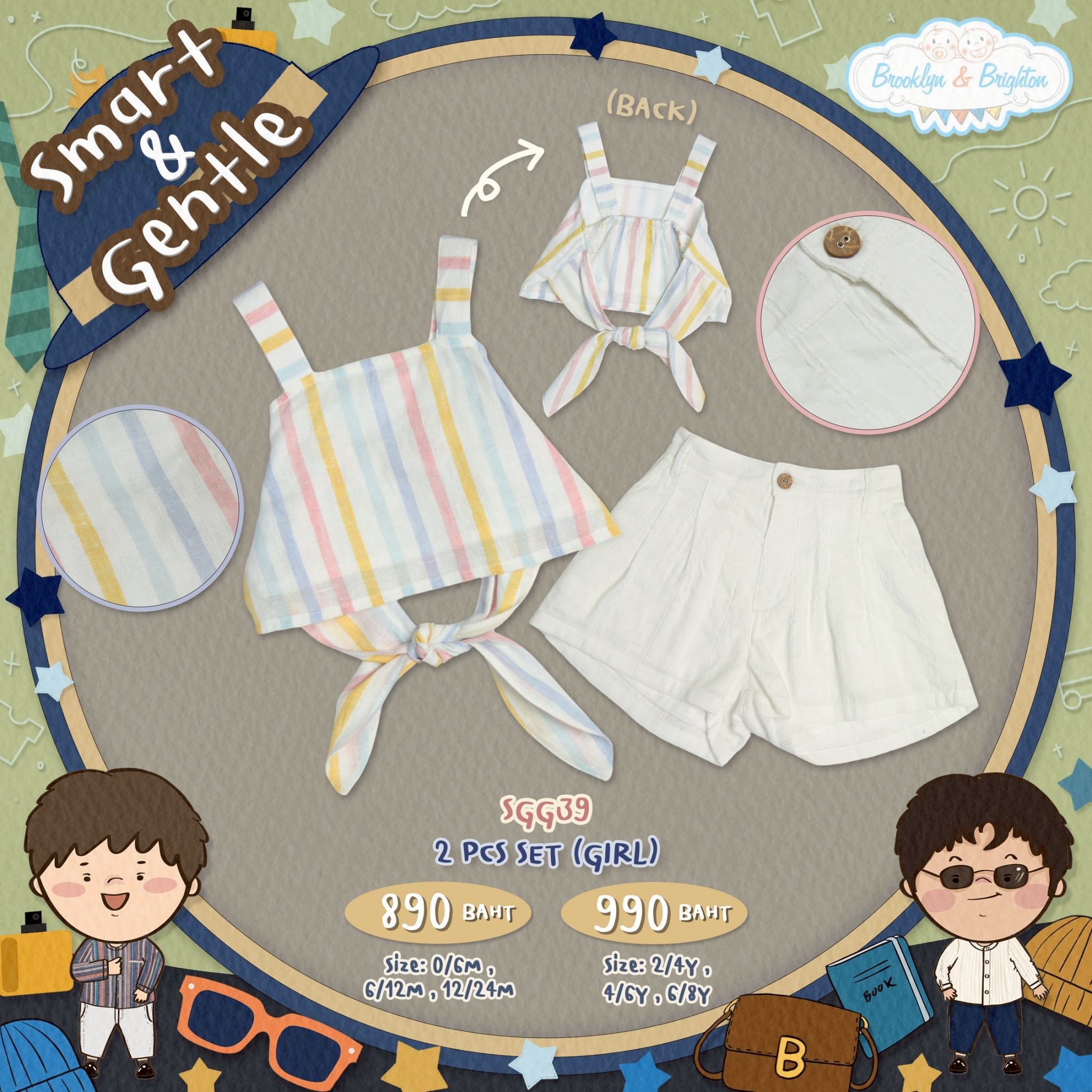Smart&Gentle - 2 Pcs Set Girl ชุดเซตเด็กหญิงฝ้ายลายทางพาสเทล ผูกหลัง - SGG39 (0/6M-6/8Y)