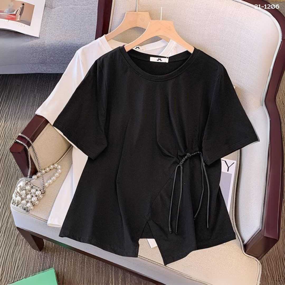 21-1206 เสื้อยืดคอกลม แต่งเชือกถัก
